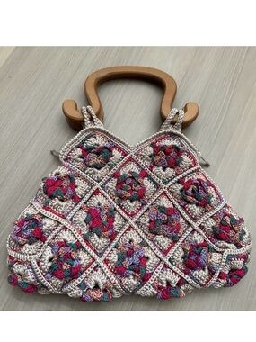 Ricardo Beverly Hills Handbag Woven With Wood Handles Lined Top Zip Floral RARE